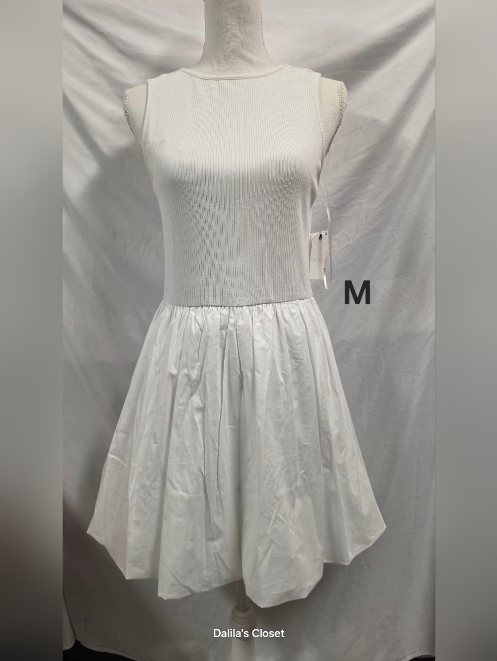 Leith White Ribbed Bodice Fit-and-Flare Mini Dress